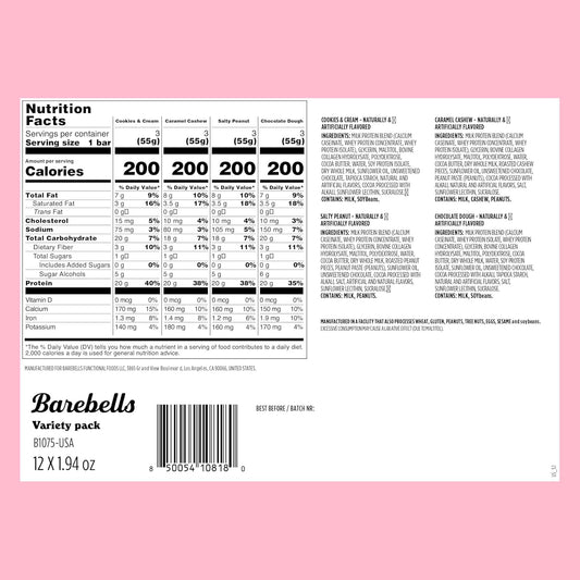 Barebells Protein Bars Variety Pack - 12 Count, 1.9oz Bars - Protein Snacks with 20g of High Protein - Chocolate Protein Bar with 1g of Total Sugars - Perfect on The Go Protein Snack & Breakfast Bars