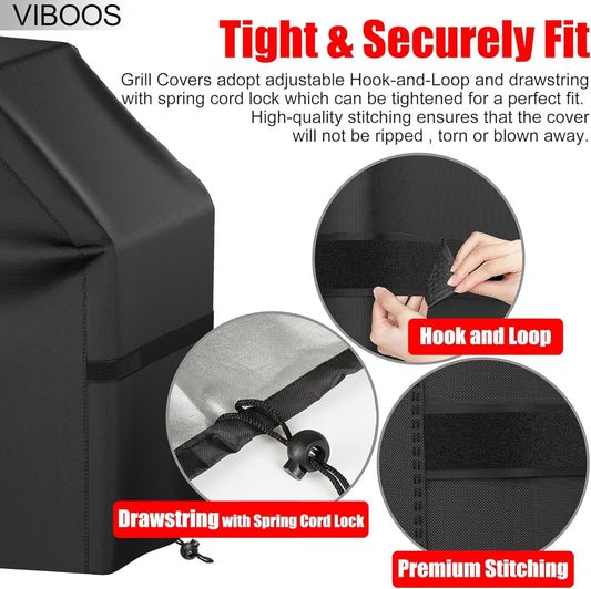 Grill Cover, 58 inch BBQ Gas Grill Cover for Outdoor Grill, Waterproof, Anti-UV, Rip-Proof, Fade Resistant Material, Barbecue Cover with Hook-and-Loop Straps & Adjustable Hem Drawstring, Black