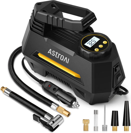 AstroAI Tire Inflator Portable Air Compressor Air Pump for Car Tires-Car Accessories, 9.8Ft Cord-12V DC-Powered Auto Pump with Digital Pressure Gauge, Emergency LED Light for Bicycle, Balloons, Yellow