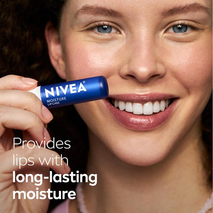 NIVEA Moisture Lip Care, Hydrating Lip Balm with Shea Butter, Nourishing Oils and Vitamin C & E, 3-in-1 Moisture, Repair and Nourish, 0.17 Oz Stick, Pack of 4
