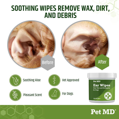 Pet MD - Dog Ear Cleaner Wipes - Otic Cleanser for Dogs to Stop Ear Itching, and Infections with Aloe and Eucalyptus - 100 Count