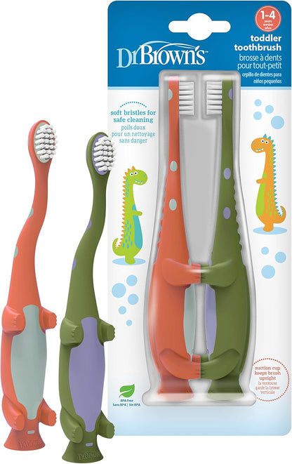 Dr. Brown's Baby and Toddler Toothbrush, Green and Orange Dinosaur 2-Pack, 1-4 Years