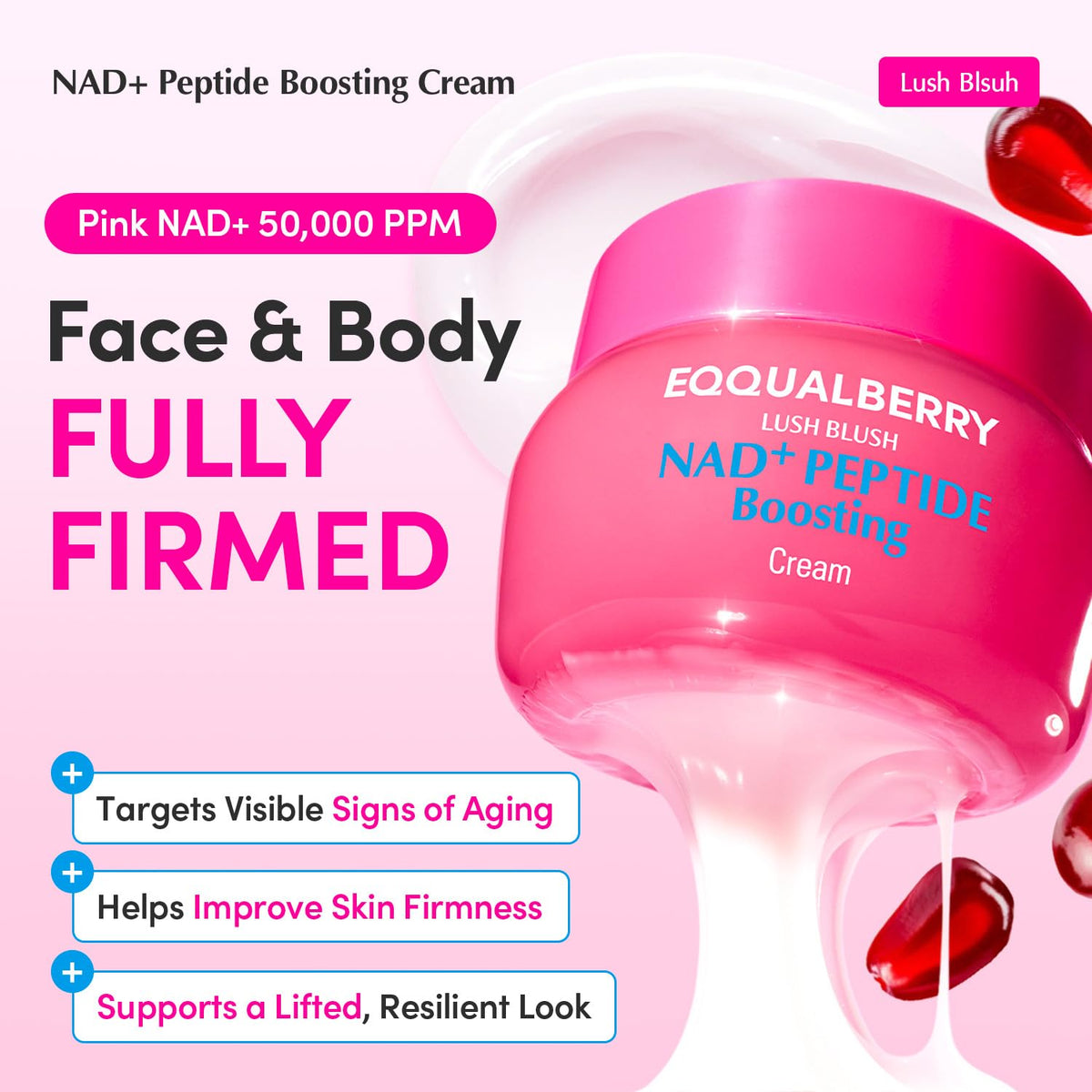 EQQUALBERRY NAD+ Peptide Boosting Cream – NAD+ 5% & 13 Peptides Anti-Aging Korean Skincare Face & Body Cream | Firming & Lifting Pink Neck Cream for Sagging Skin (1.69 fl.oz / 50ml)
