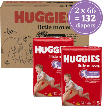 Huggies Size 5 Diapers, Little Movers Baby Diapers, Size 5 (27+ lbs), 132 Count (2 Packs of 66), Packaging May Vary