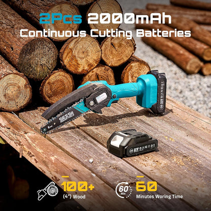 Seesii Mini Chainsaw, 6-inch Mini Chainsaw Cordless, Handheld Electric Power Chain Saw with 2 Batteries, for Tree Trimming Wood Cutting, Best Gifts for Father, Dad, Husband, Men